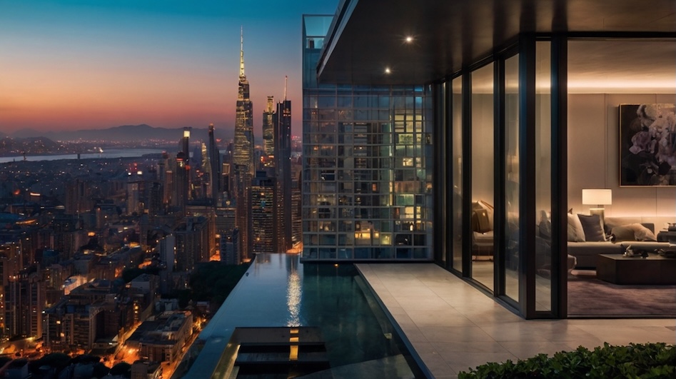 Image of a modern house with a view of a city skyline.